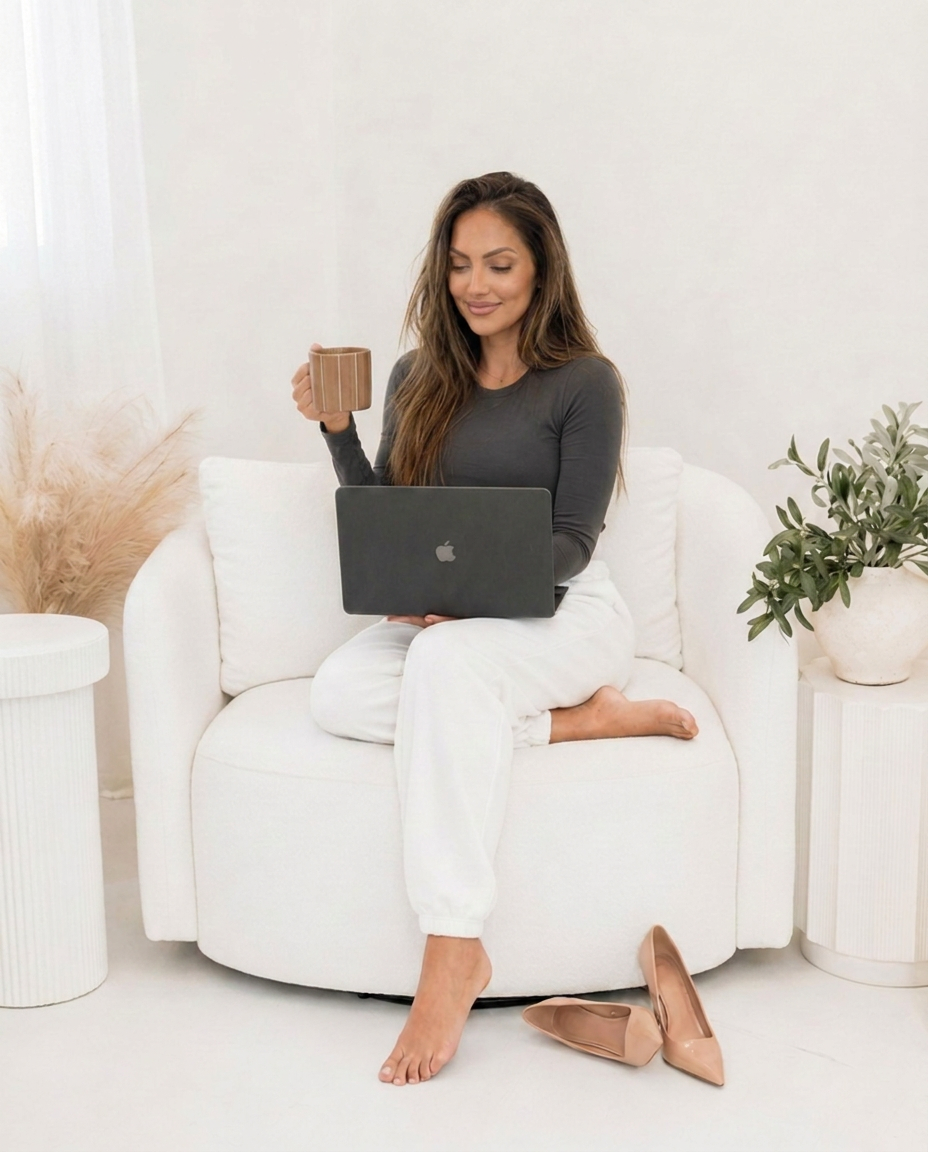 Kelly, founder of Pillar, working on her laptop