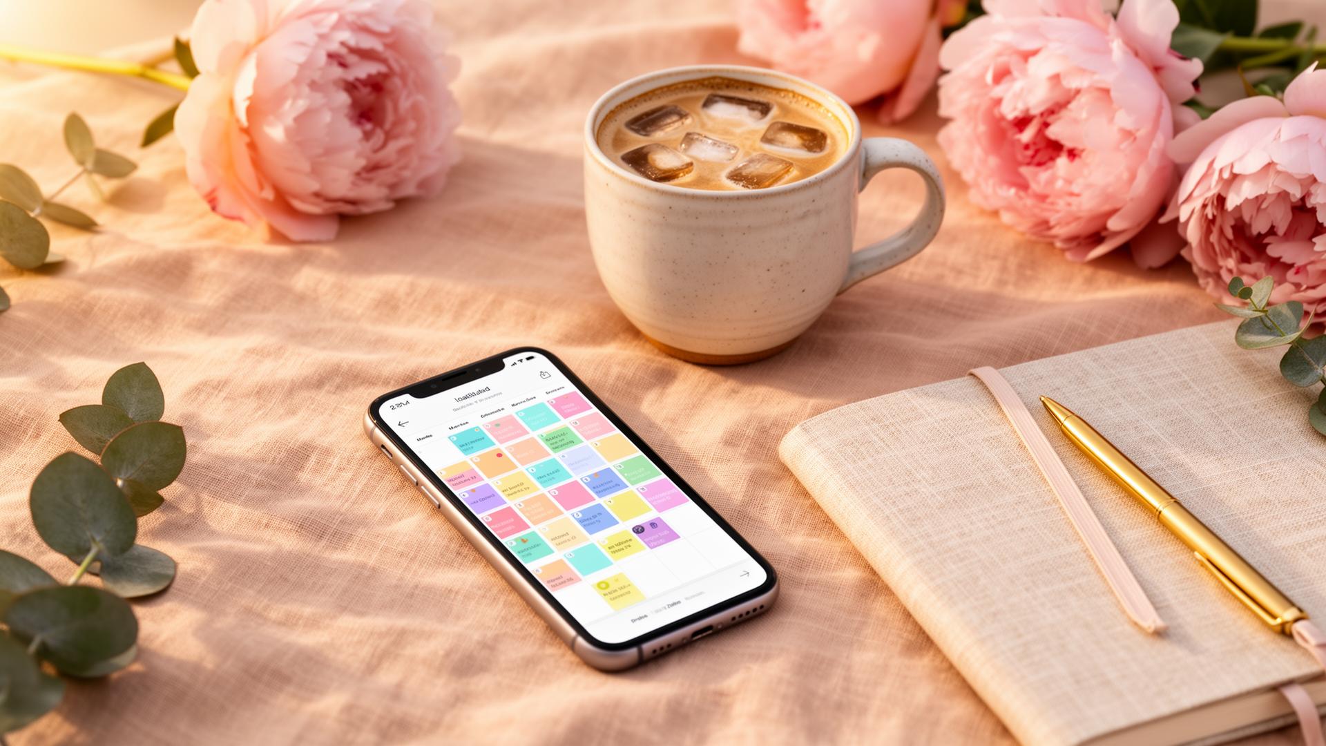 A phone showing a colorful content calendar resting on warm linen next to a latte and notebook