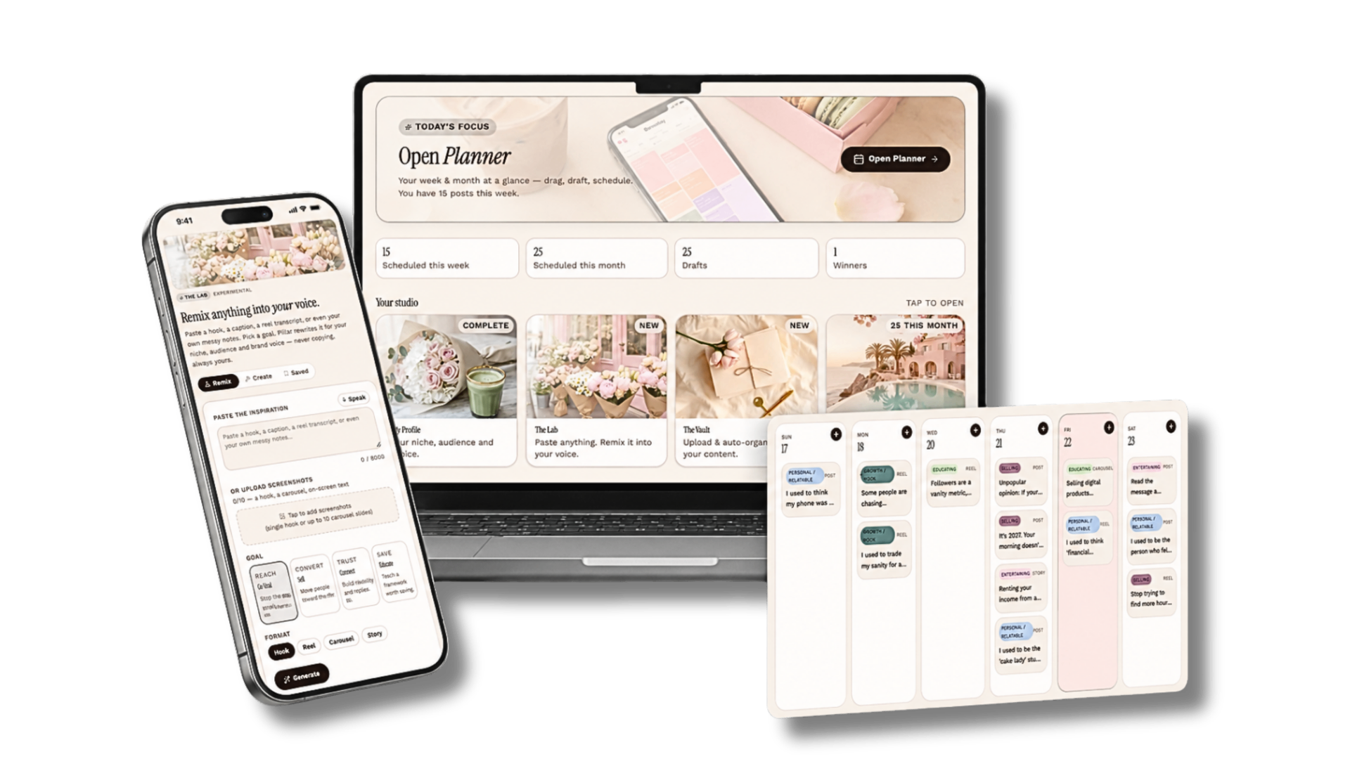 Pillar app shown on laptop, phone, and printable weekly content planner